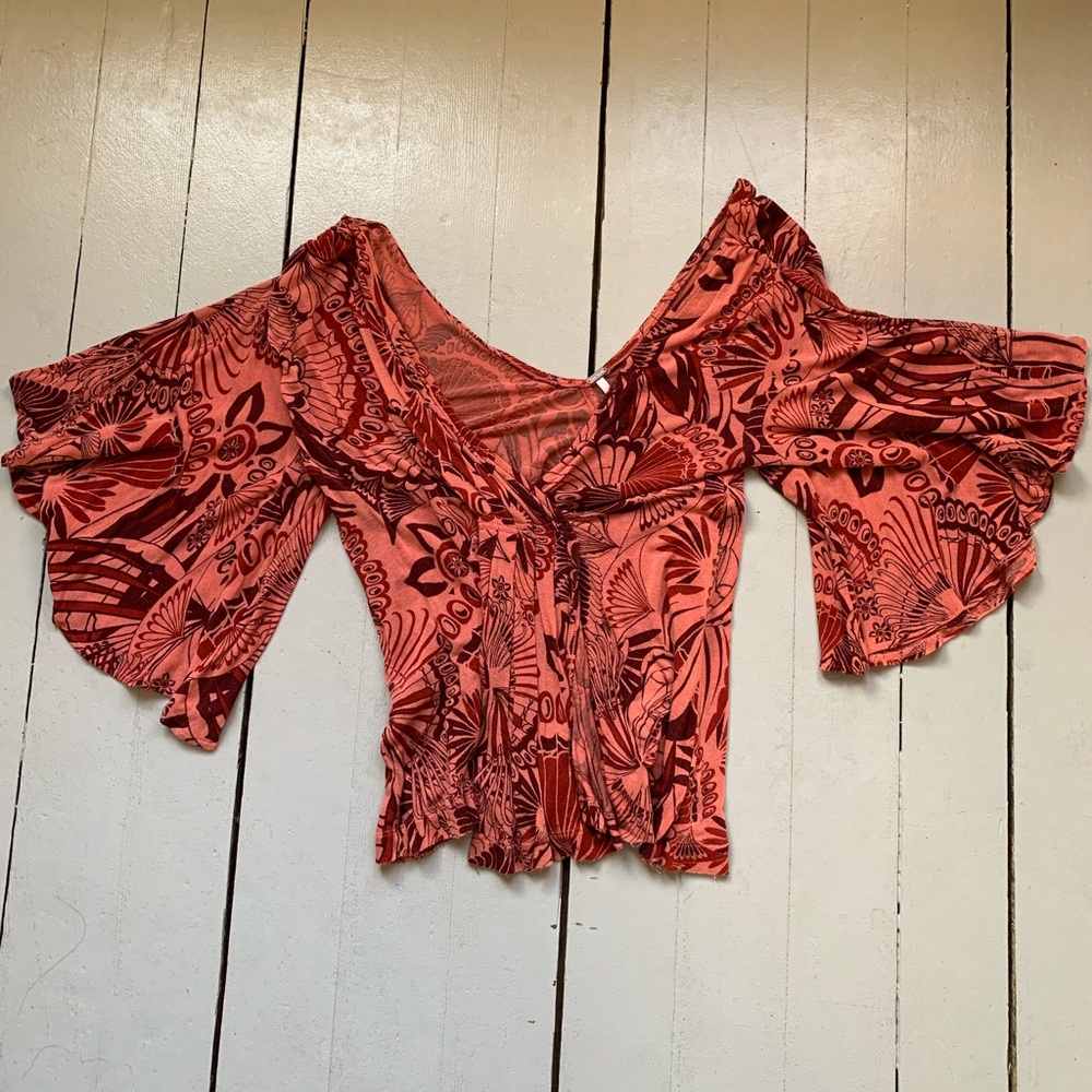 Free People Amour Coral Combo Cold Shoulder Deep V-neck